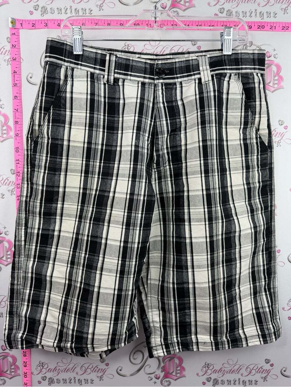 South Pole shorts plaid stripes Black and White Plaid Flat Front Shorts